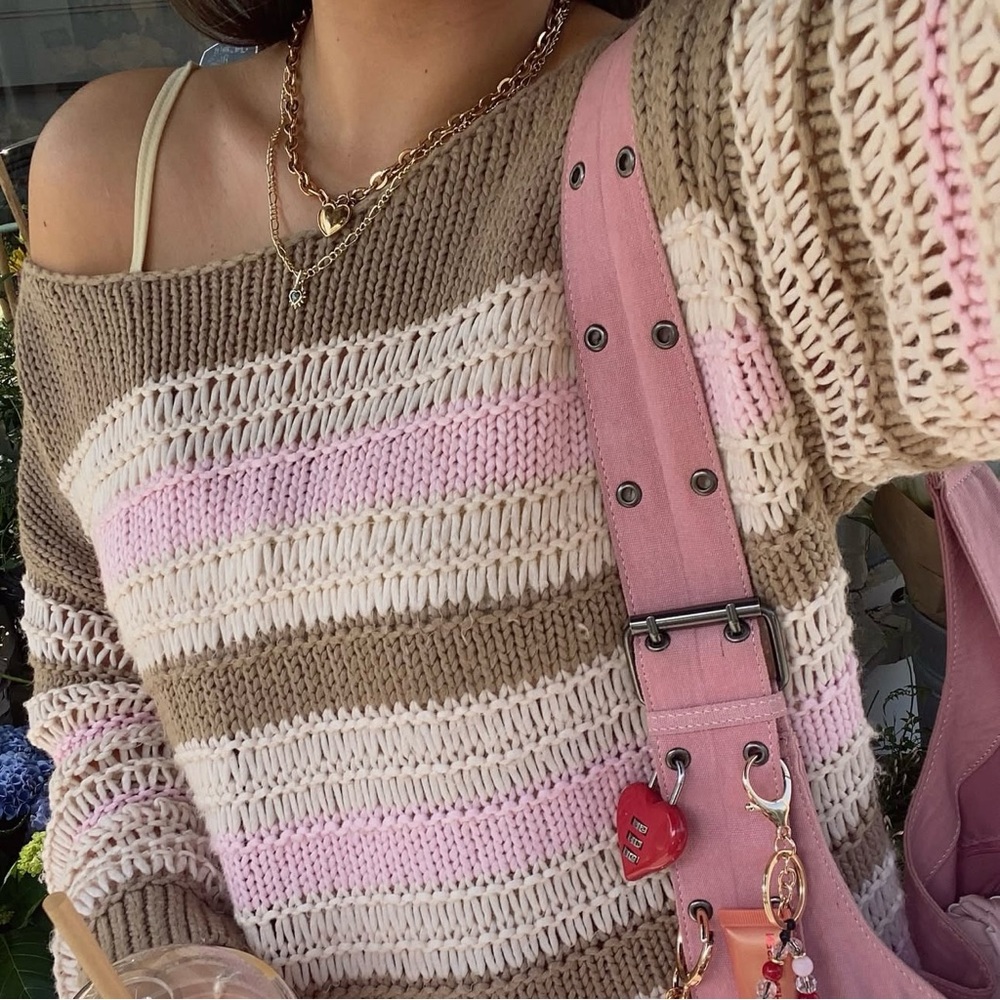 Y2K Neapolitan Stripe Off Shoulder Knit Sweater 🎀 - Picture 7 of 8